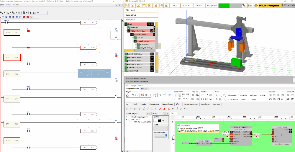 Symulator PLC uruchomiony w programie WinProLadder i podłączony do wirtualnego urządzenia w programie Simultus